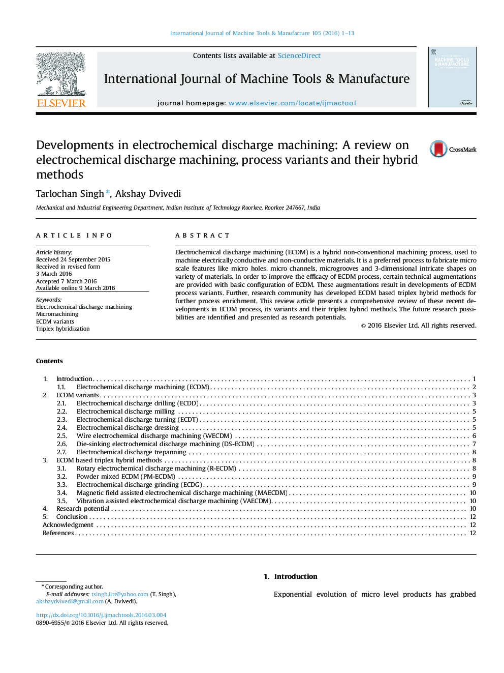 Developments in electrochemical discharge machining: A review on electrochemical discharge machining, process variants and their hybrid methods