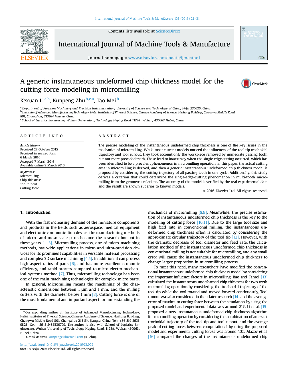 A generic instantaneous undeformed chip thickness model for the cutting force modeling in micromilling