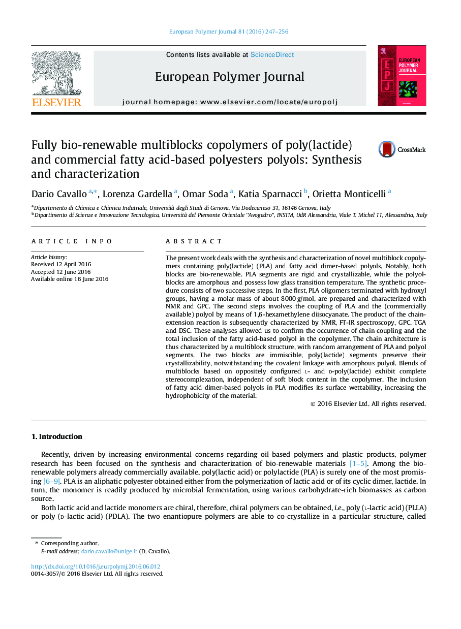 Fully bio-renewable multiblocks copolymers of poly(lactide) and commercial fatty acid-based polyesters polyols: Synthesis and characterization