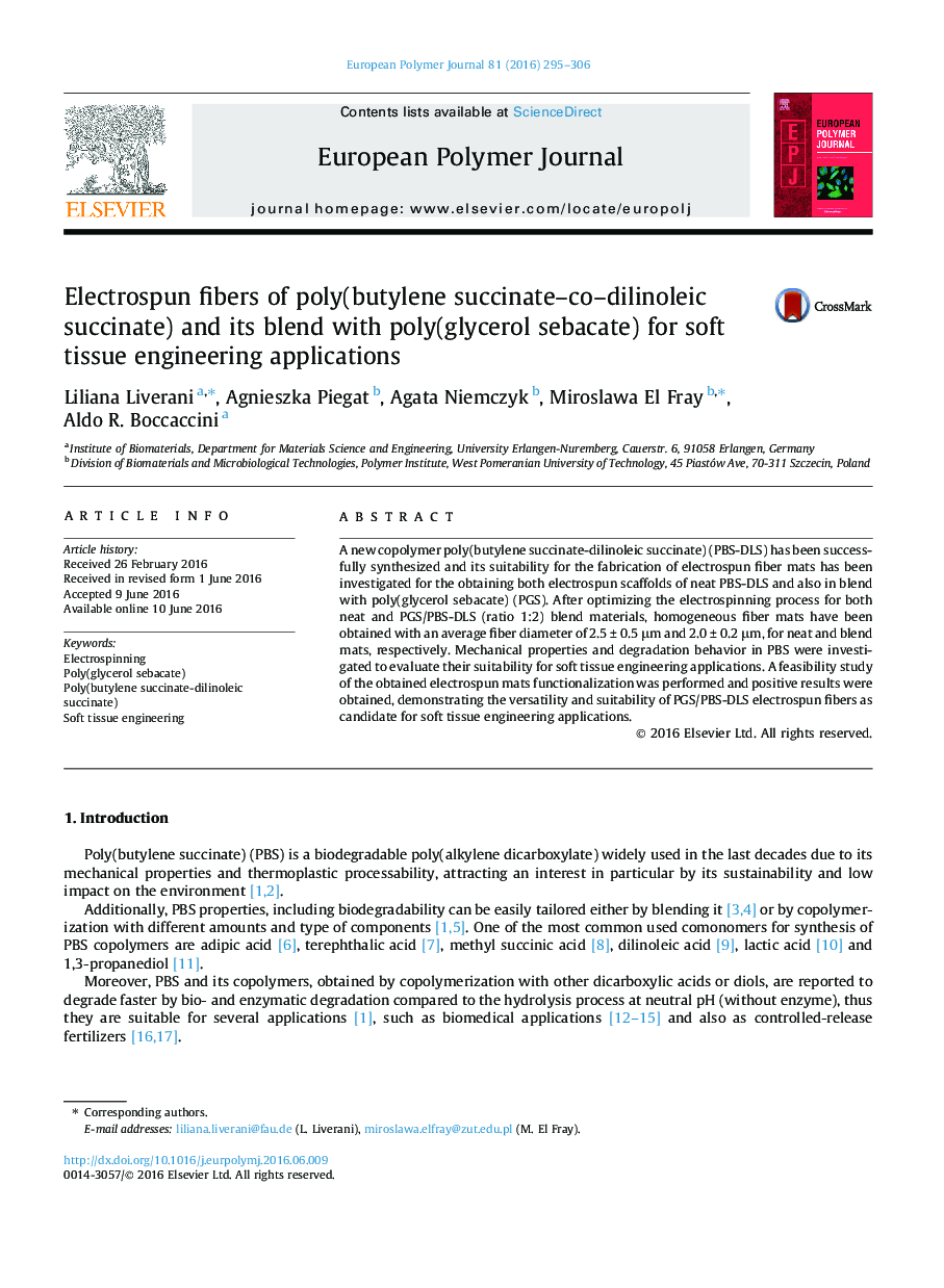 Electrospun fibers of poly(butylene succinate-co-dilinoleic succinate) and its blend with poly(glycerol sebacate) for soft tissue engineering applications