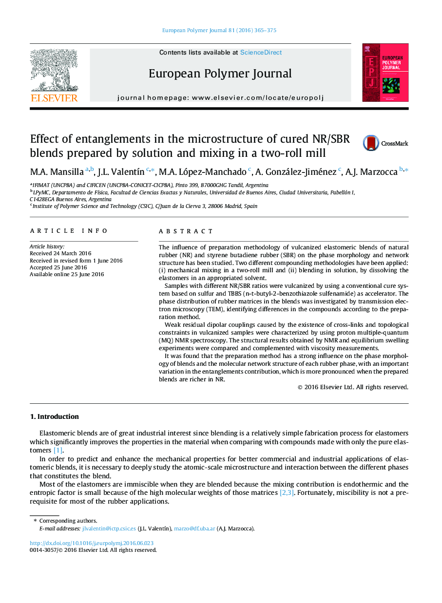 Effect of entanglements in the microstructure of cured NR/SBR blends prepared by solution and mixing in a two-roll mill