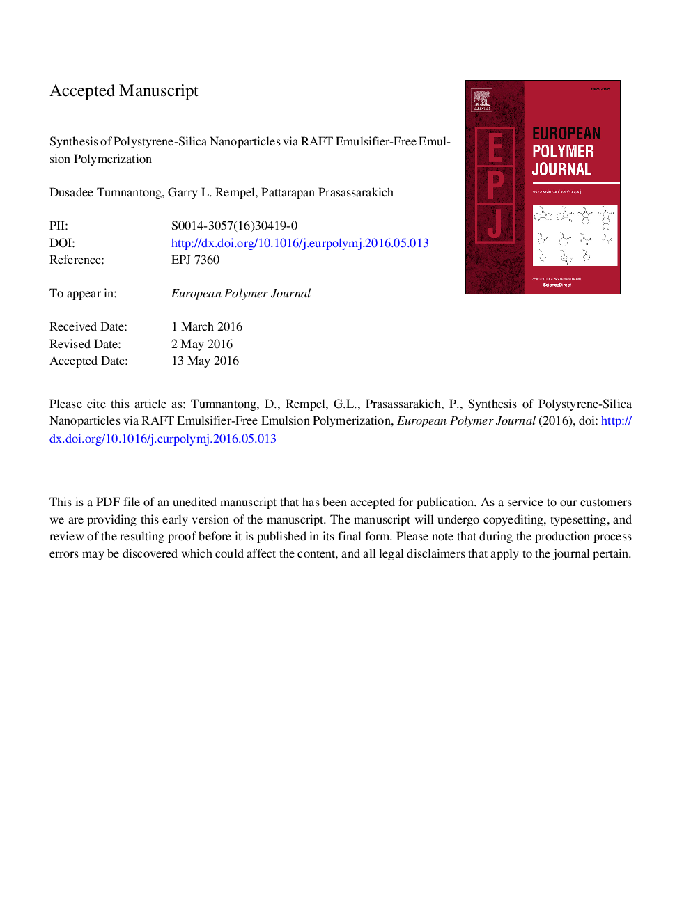 Synthesis of polystyrene-silica nanoparticles via RAFT emulsifier-free emulsion polymerization