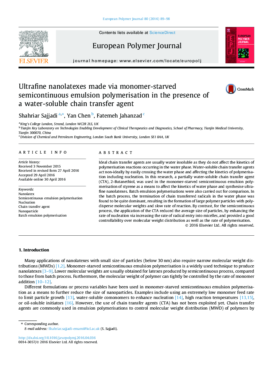 Ultrafine nanolatexes made via monomer-starved semicontinuous emulsion polymerisation in the presence of a water-soluble chain transfer agent