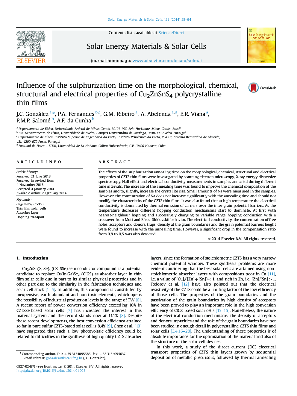 Influence of the sulphurization time on the morphological, chemical, structural and electrical properties of Cu2ZnSnS4 polycrystalline thin films