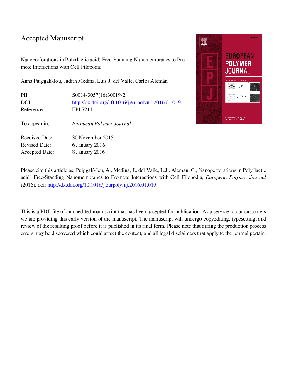 Nanoperforations in poly(lactic acid) free-standing nanomembranes to promote interactions with cell filopodia