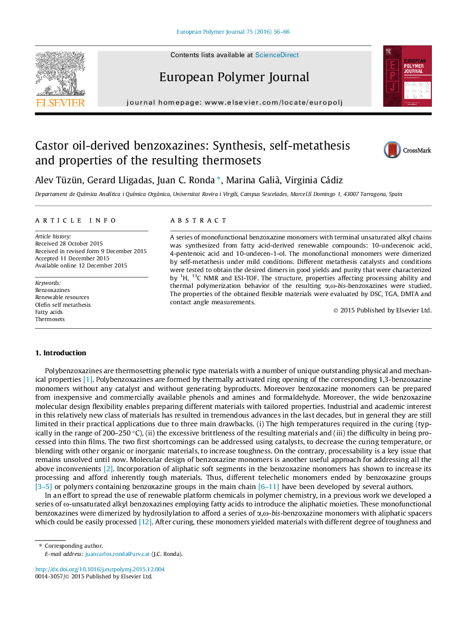 Castor oil-derived benzoxazines: Synthesis, self-metathesis and properties of the resulting thermosets