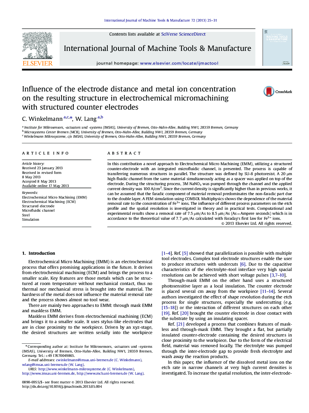 Influence of the electrode distance and metal ion concentration on the resulting structure in electrochemical micromachining with structured counter electrodes