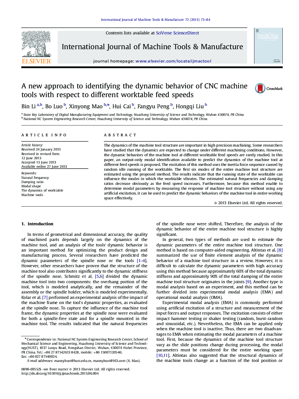 A new approach to identifying the dynamic behavior of CNC machine tools with respect to different worktable feed speeds