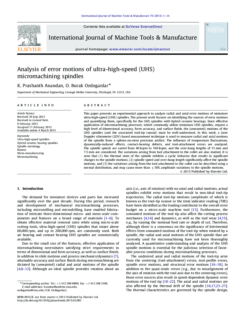 Analysis of error motions of ultra-high-speed (UHS) micromachining spindles