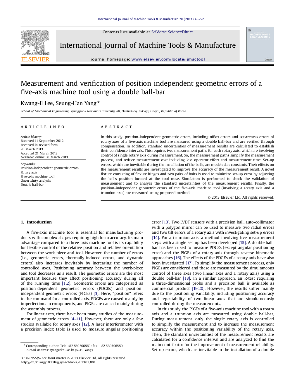 Measurement and verification of position-independent geometric errors of a five-axis machine tool using a double ball-bar