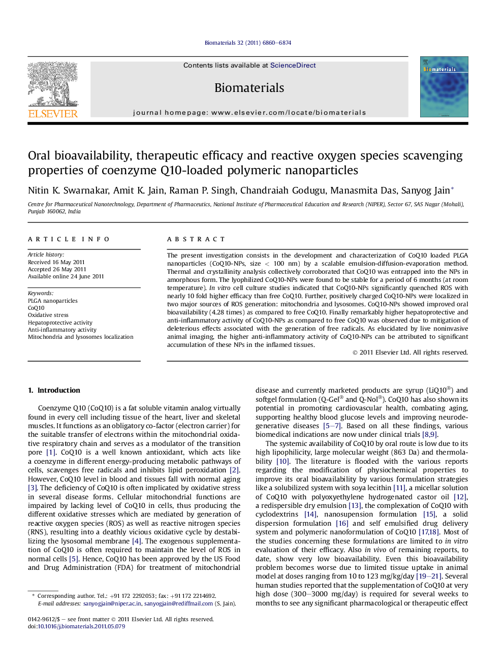 Oral bioavailability, therapeutic efficacy and reactive oxygen species scavenging properties of coenzyme Q10-loaded polymeric nanoparticles