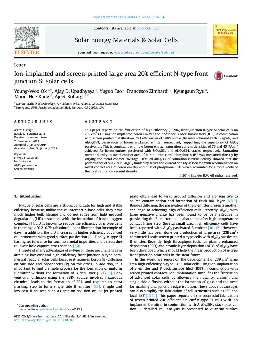 Ion-implanted and screen-printed large area 20% efficient N-type front junction Si solar cells