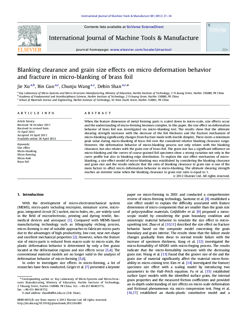 Blanking clearance and grain size effects on micro deformation behavior and fracture in micro-blanking of brass foil