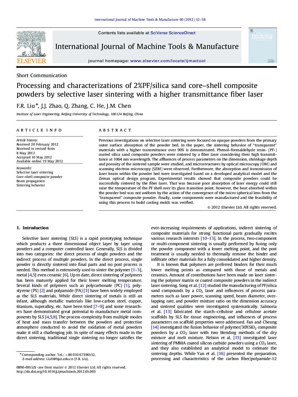 Processing and characterizations of 2%PF/silica sand core–shell composite powders by selective laser sintering with a higher transmittance fiber laser