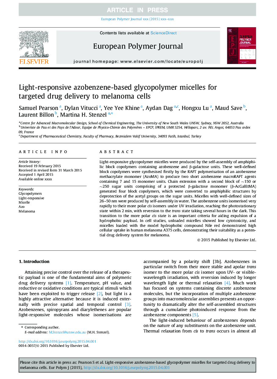 Light-responsive azobenzene-based glycopolymer micelles for targeted drug delivery to melanoma cells