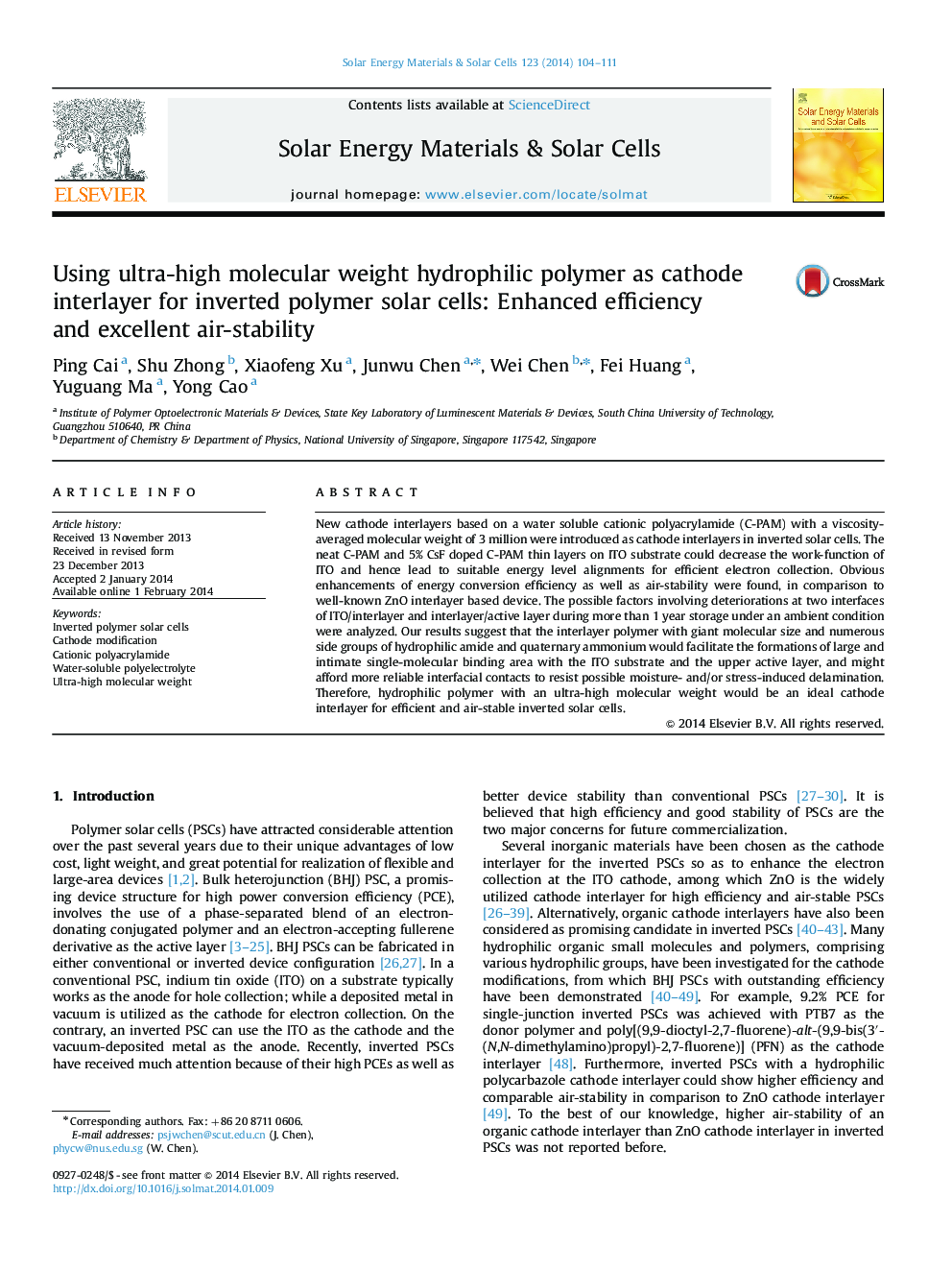 Using ultra-high molecular weight hydrophilic polymer as cathode interlayer for inverted polymer solar cells: Enhanced efficiency and excellent air-stability