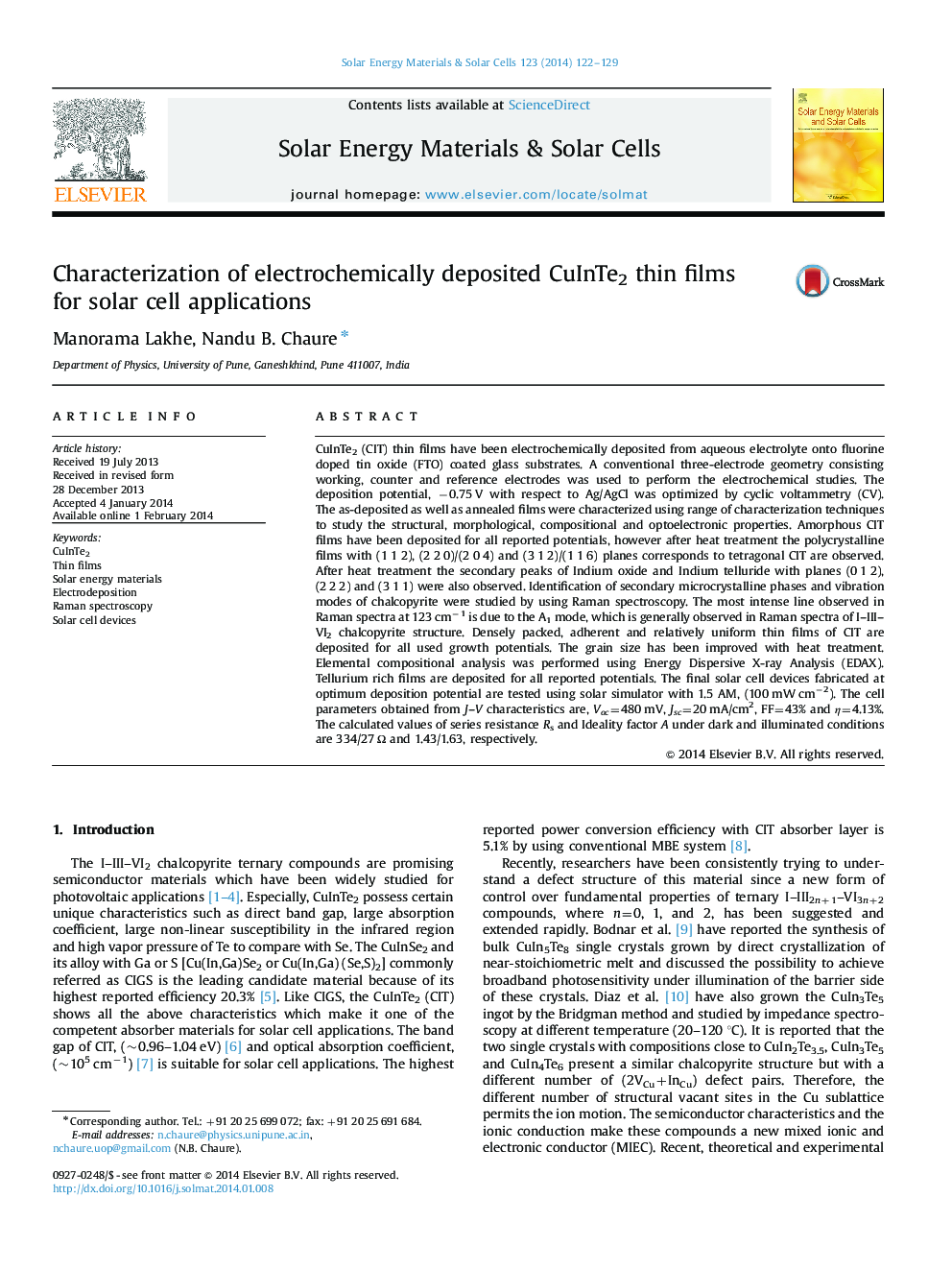 Characterization of electrochemically deposited CuInTe2 thin films for solar cell applications