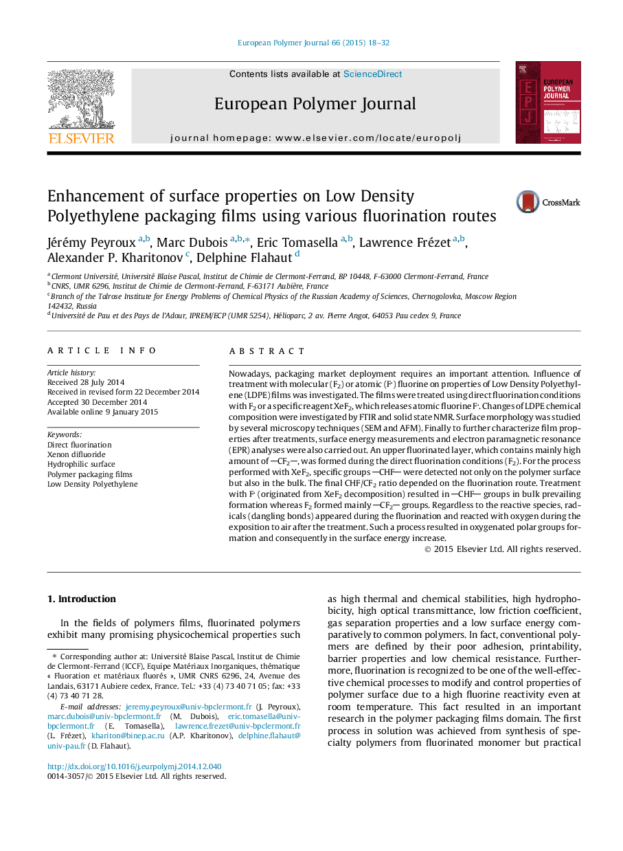 Enhancement of surface properties on Low Density Polyethylene packaging films using various fluorination routes