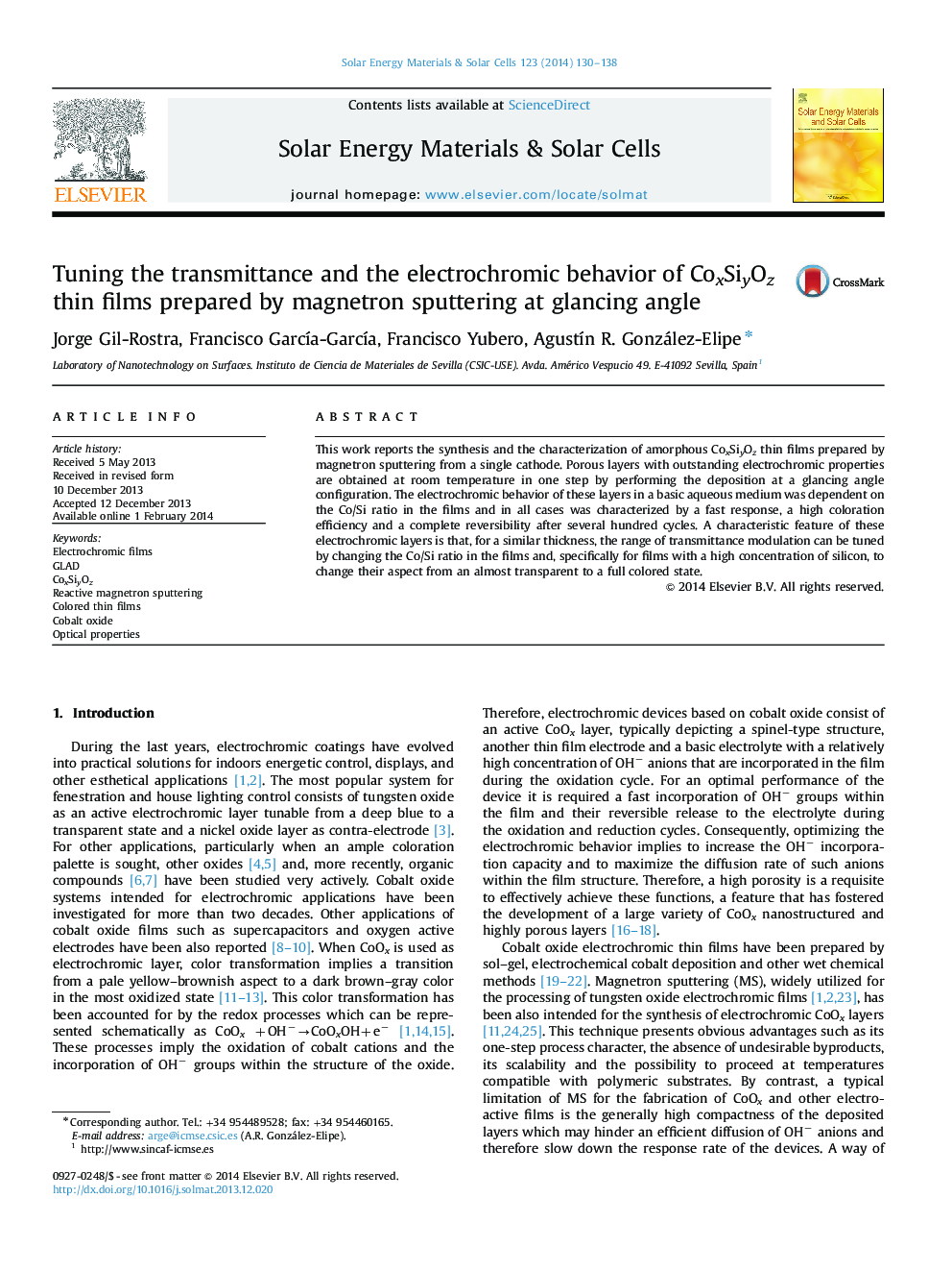 Tuning the transmittance and the electrochromic behavior of CoxSiyOz thin films prepared by magnetron sputtering at glancing angle