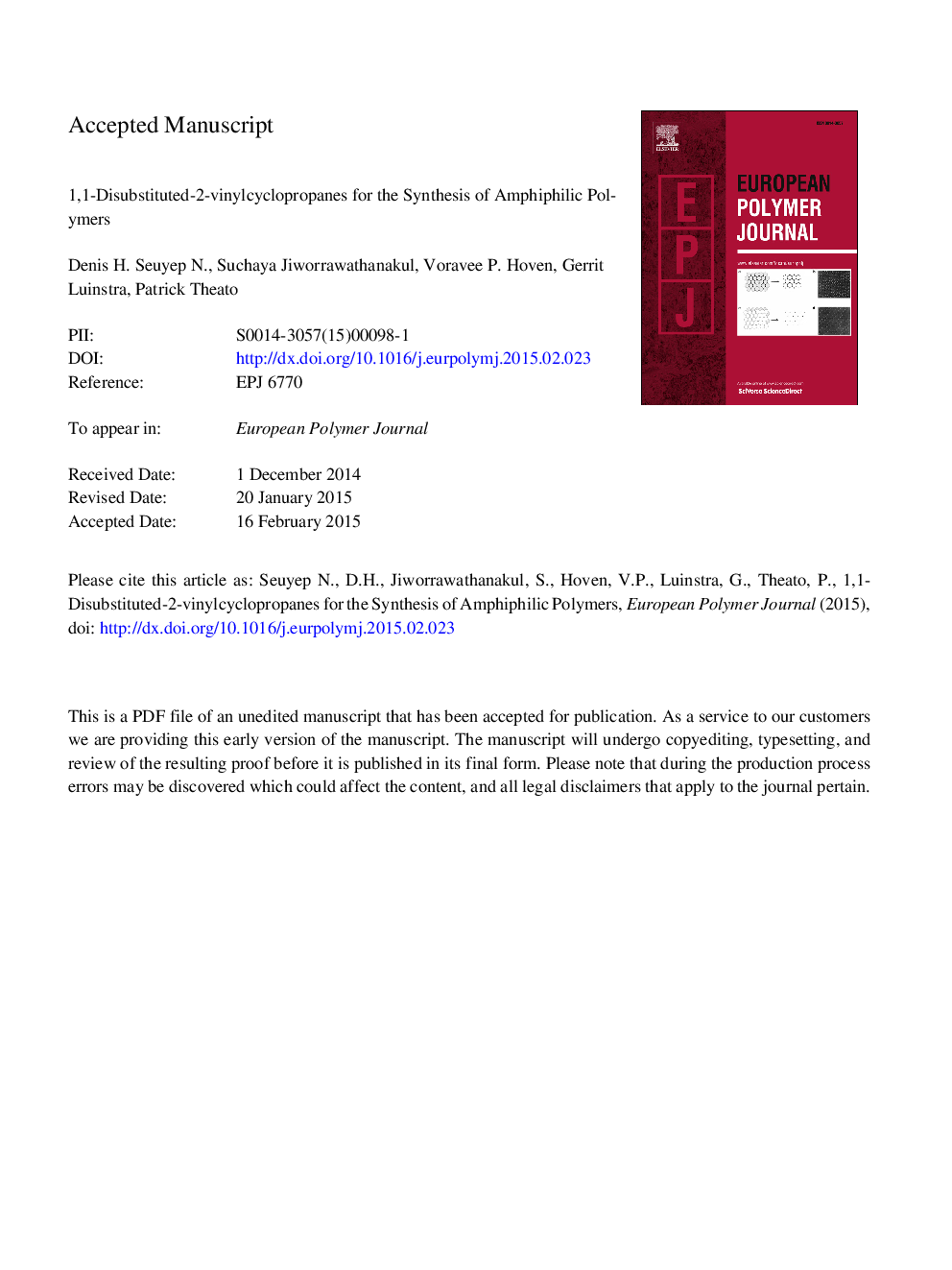 1,1-Disubstituted-2-vinylcyclopropanes for the synthesis of amphiphilic polymers