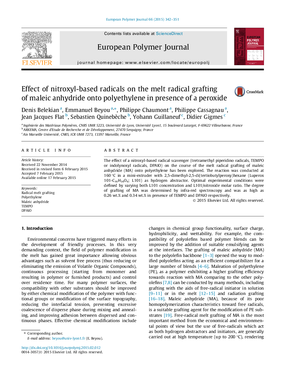 Effect of nitroxyl-based radicals on the melt radical grafting of maleic anhydride onto polyethylene in presence of a peroxide