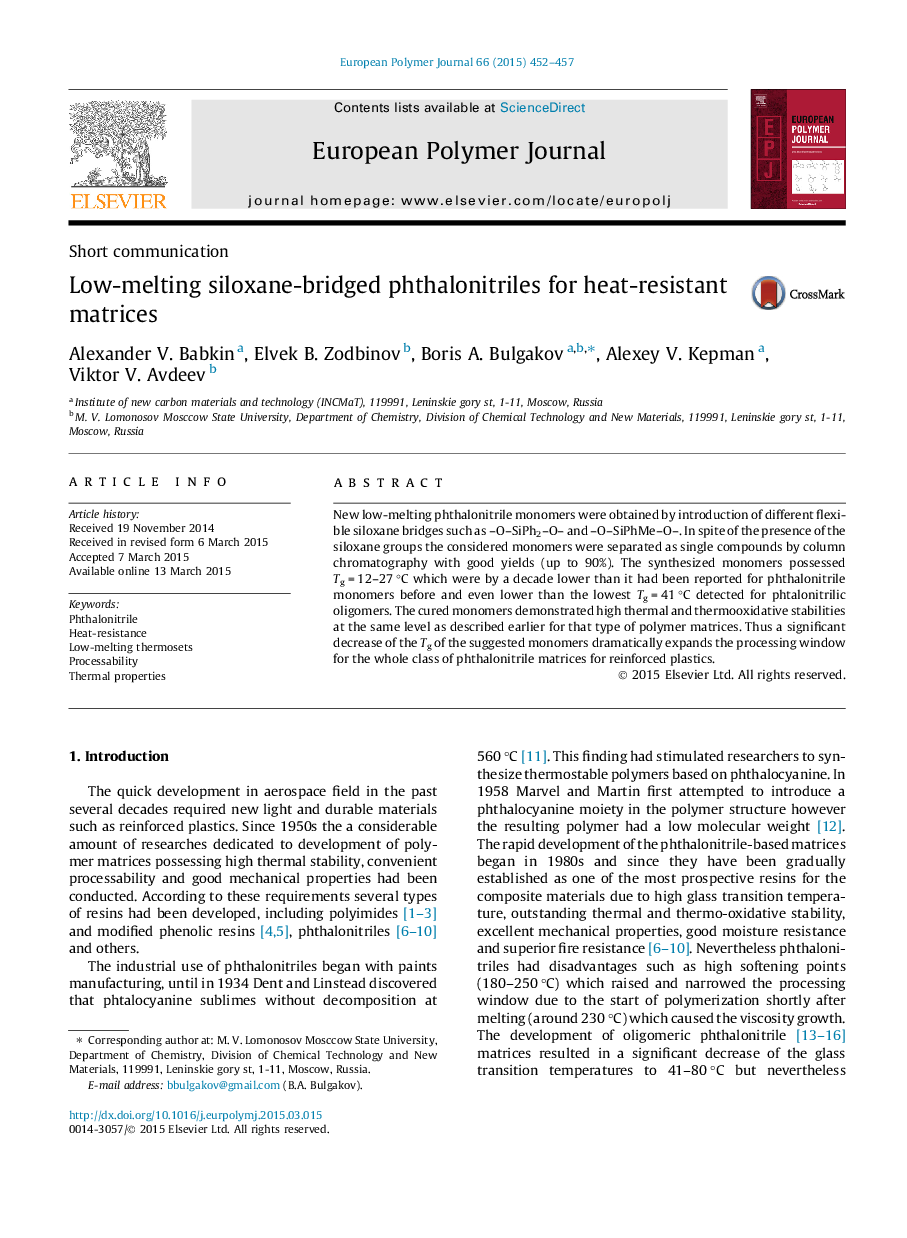 Low-melting siloxane-bridged phthalonitriles for heat-resistant matrices