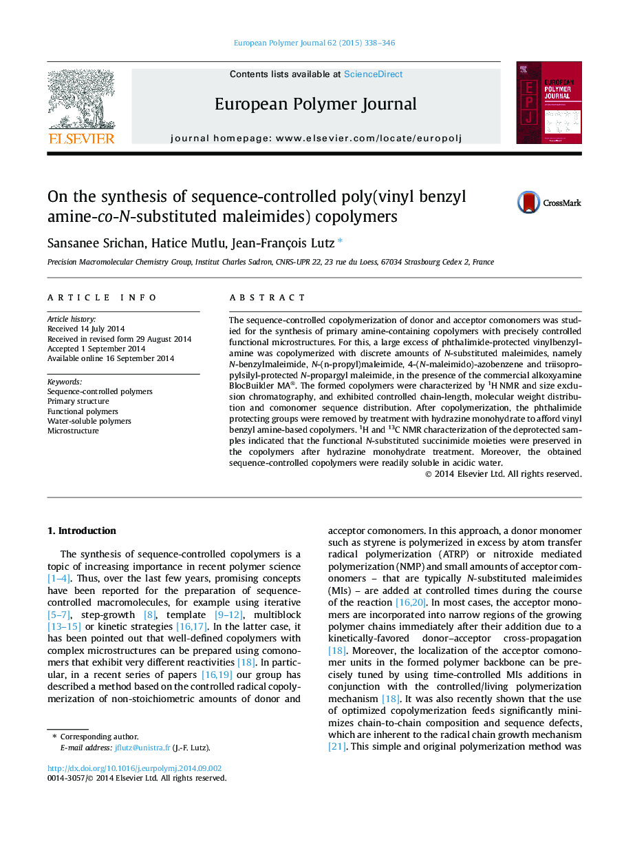 On the synthesis of sequence-controlled poly(vinyl benzyl amine-co-N-substituted maleimides) copolymers