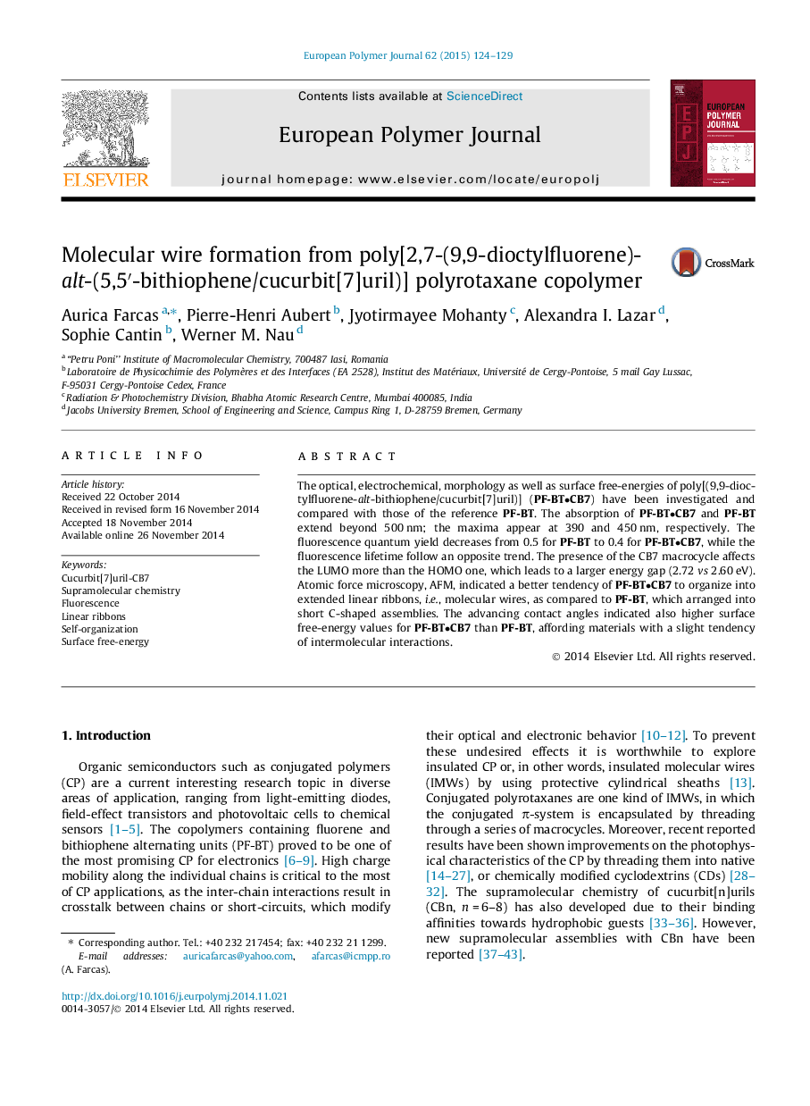 Molecular wire formation from poly[2,7-(9,9-dioctylfluorene)-alt-(5,5â²-bithiophene/cucurbit[7]uril)] polyrotaxane copolymer