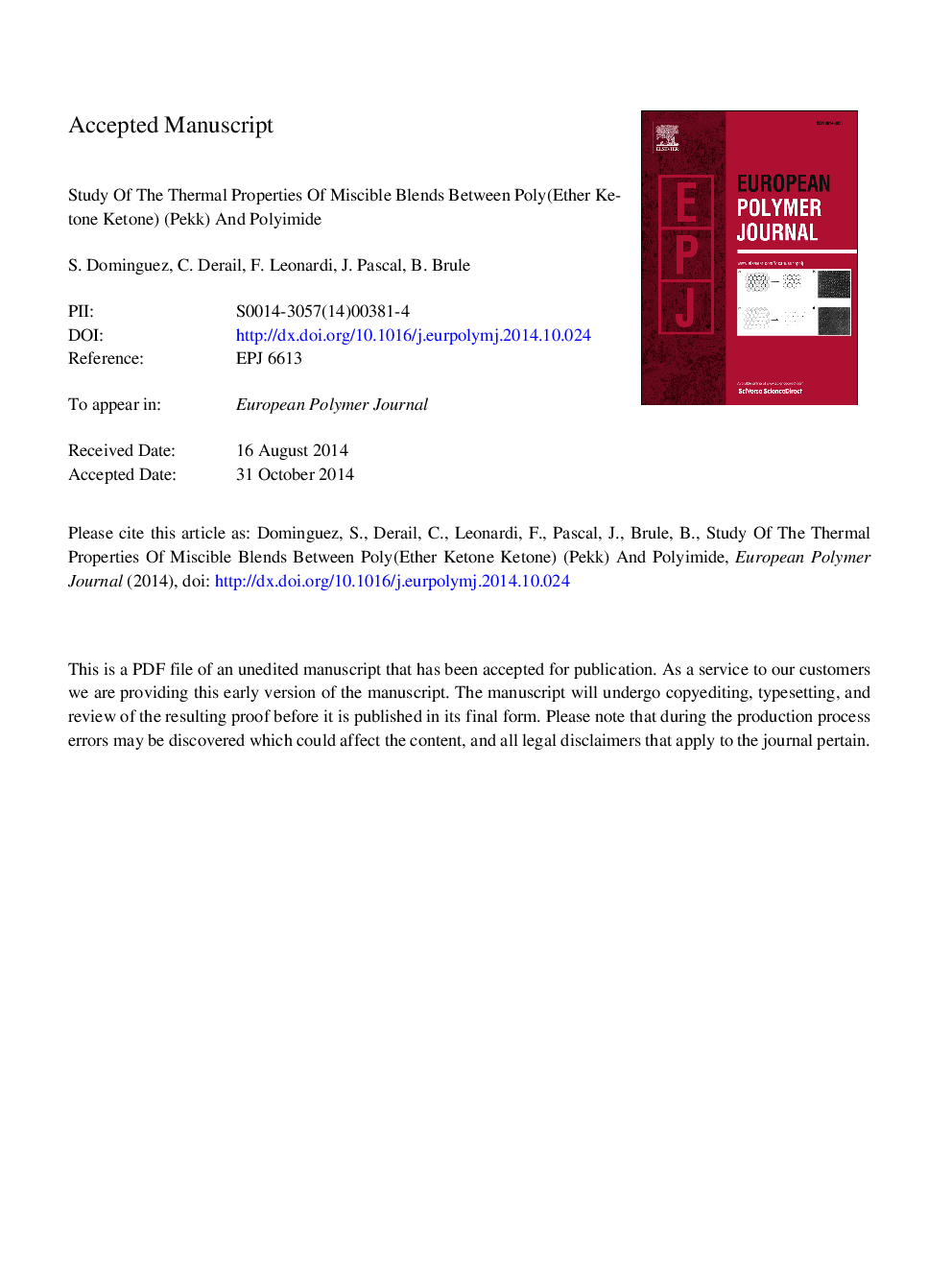 Study of the thermal properties of miscible blends between poly(ether ketone ketone) (PEKK) and polyimide