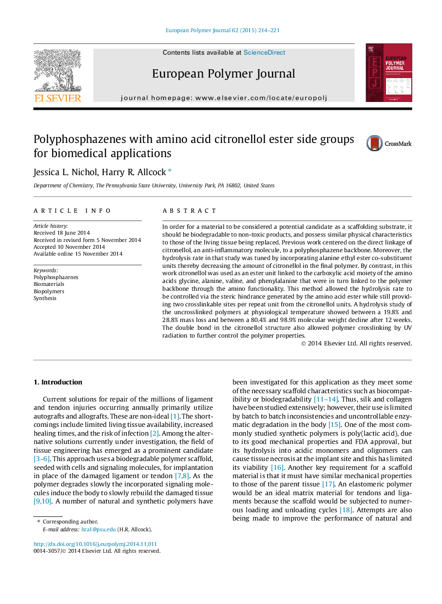 Polyphosphazenes with amino acid citronellol ester side groups for biomedical applications