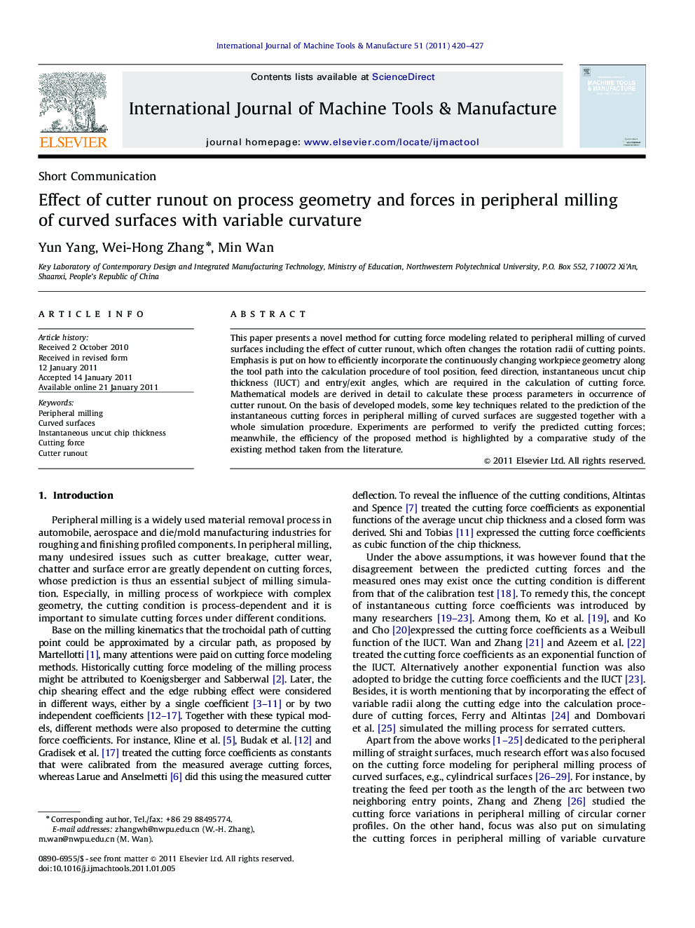 Effect of cutter runout on process geometry and forces in peripheral milling of curved surfaces with variable curvature