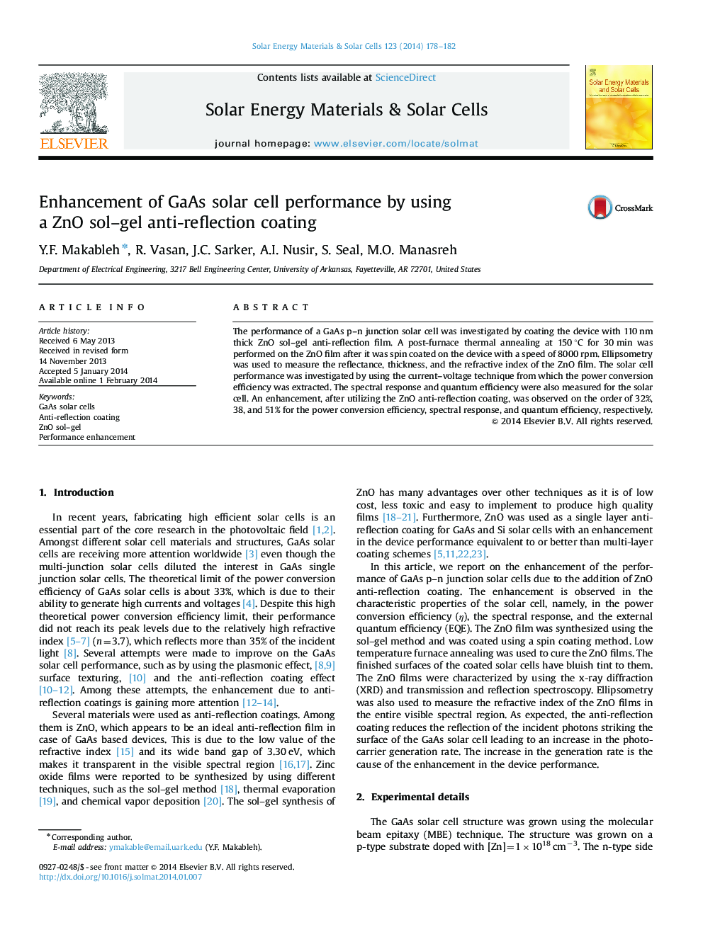 Enhancement of GaAs solar cell performance by using a ZnO sol–gel anti-reflection coating