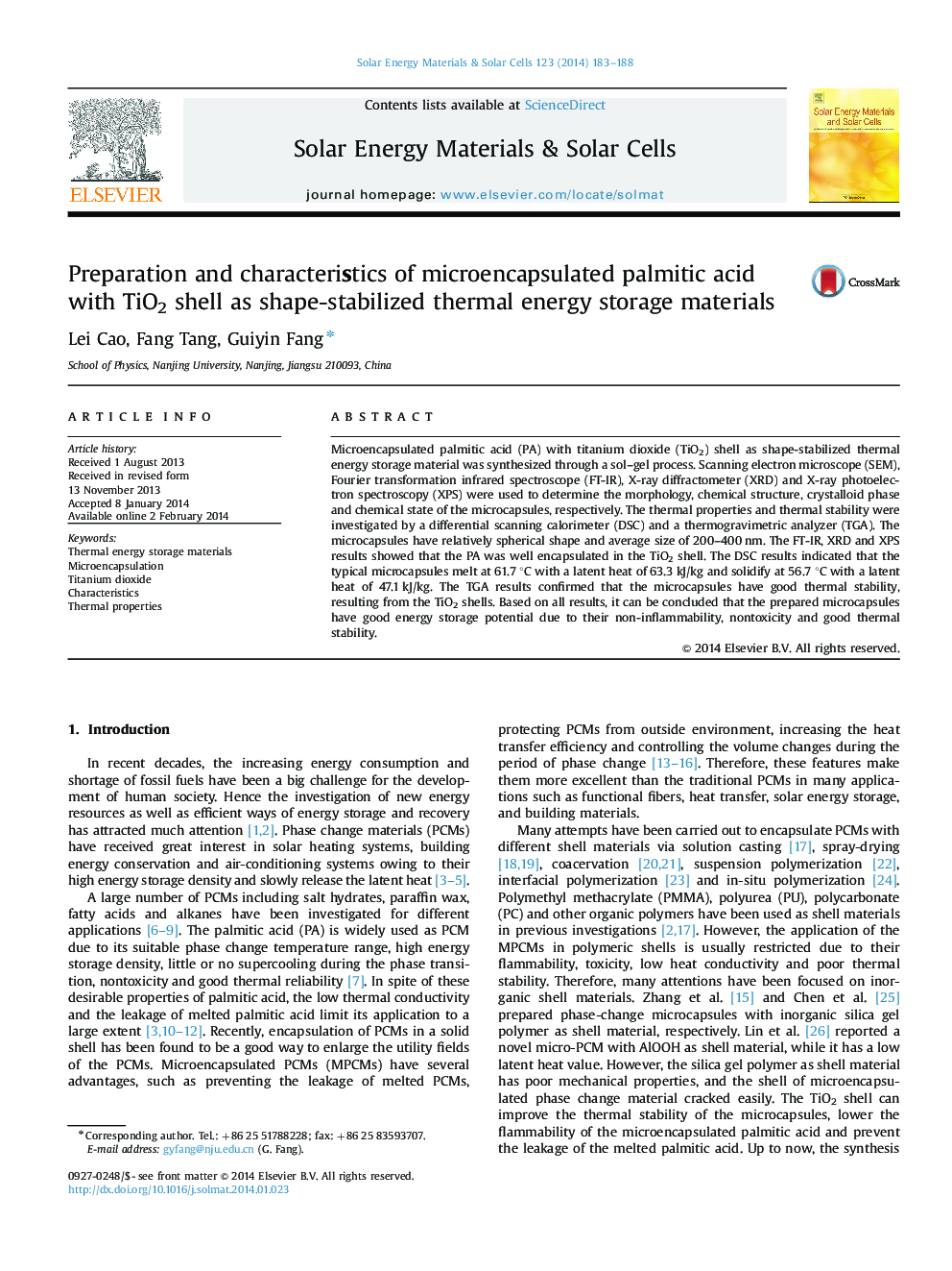 Preparation and characteristics of microencapsulated palmitic acid with TiO2 shell as shape-stabilized thermal energy storage materials