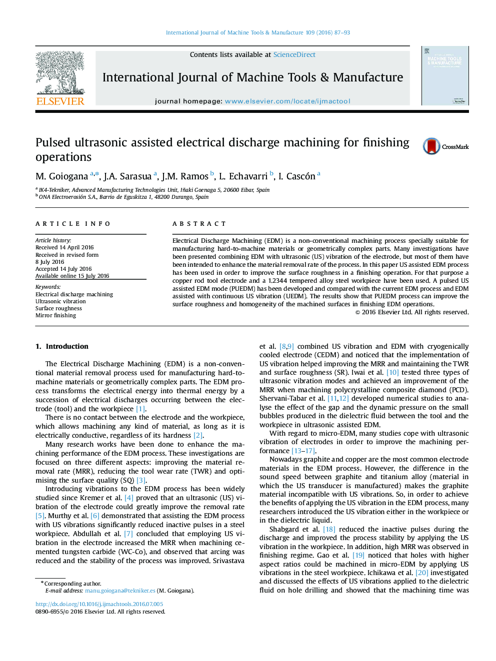 Pulsed ultrasonic assisted electrical discharge machining for finishing operations