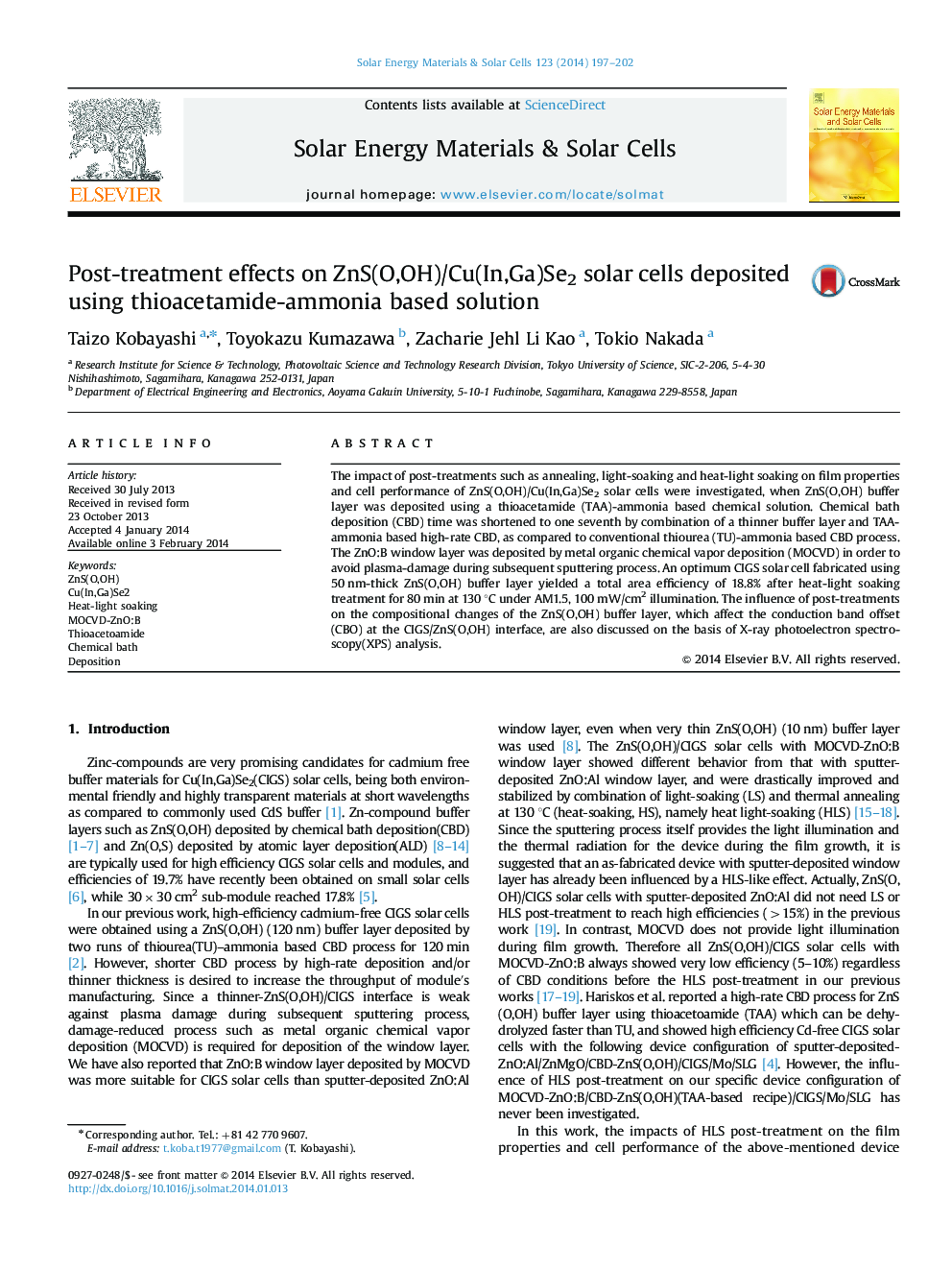 Post-treatment effects on ZnS(O,OH)/Cu(In,Ga)Se2 solar cells deposited using thioacetamide-ammonia based solution