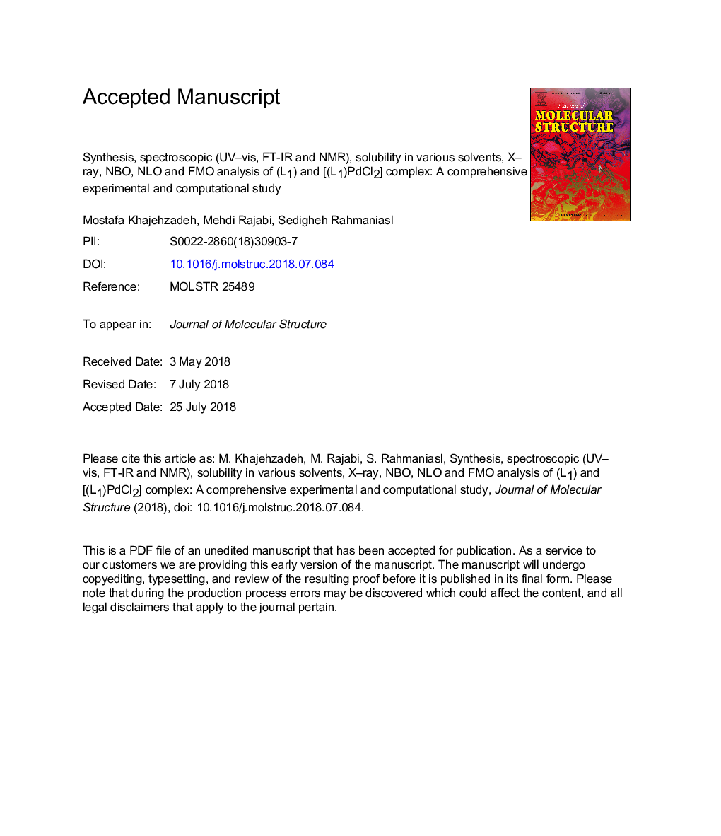 Synthesis, spectroscopic (UV-vis, FT-IR and NMR), solubility in various solvents, X-ray, NBO, NLO and FMO analysis of (L1) and [(L1)PdCl2] complex: A comprehensive experimental and computational study