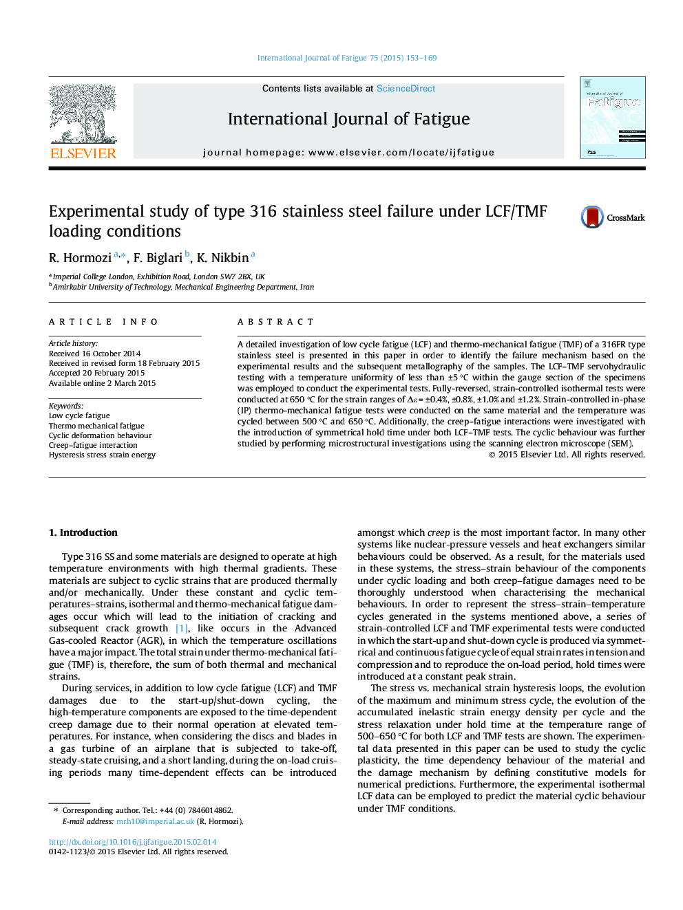 Experimental study of type 316 stainless steel failure under LCF/TMF loading conditions