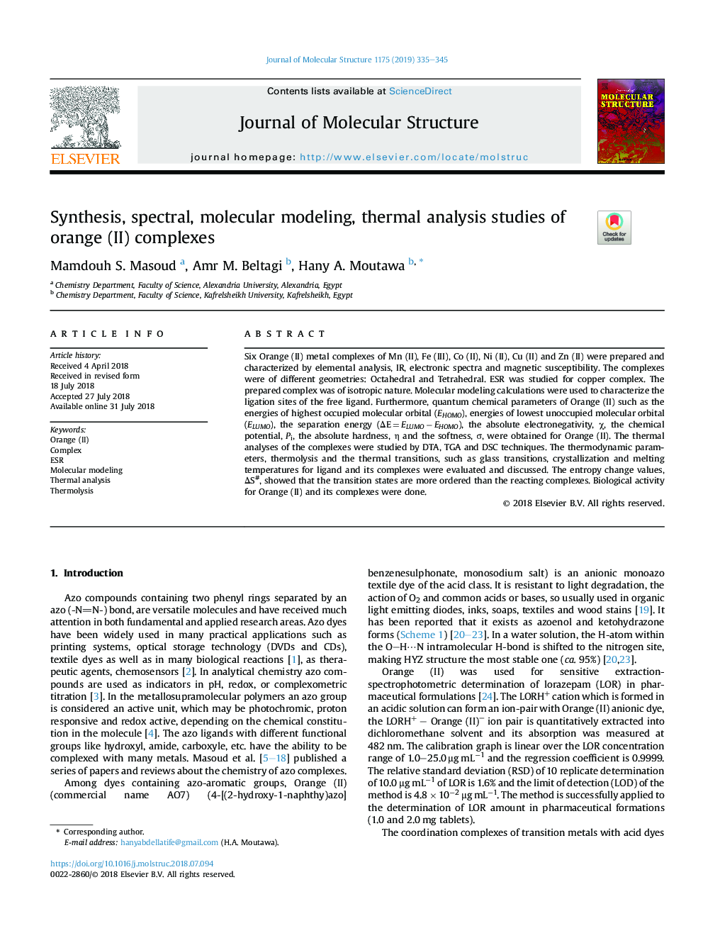 Synthesis, spectral, molecular modeling, thermal analysis studies of orange (II) complexes