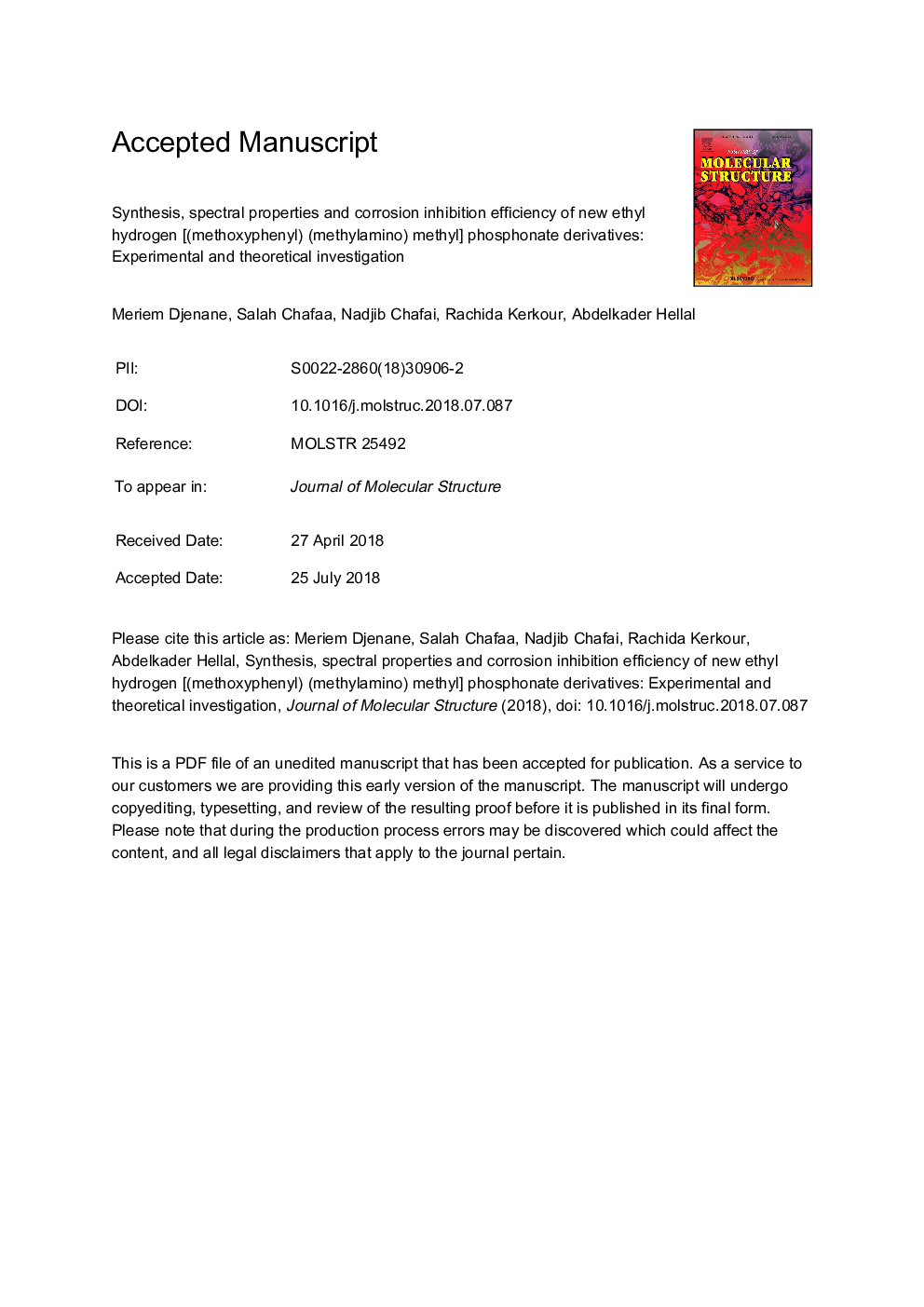 Synthesis, spectral properties and corrosion inhibition efficiency of new ethyl hydrogen [(methoxyphenyl) (methylamino) methyl] phosphonate derivatives: Experimental and theoretical investigation