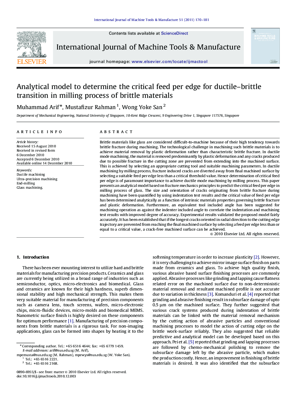 Analytical model to determine the critical feed per edge for ductile–brittle transition in milling process of brittle materials