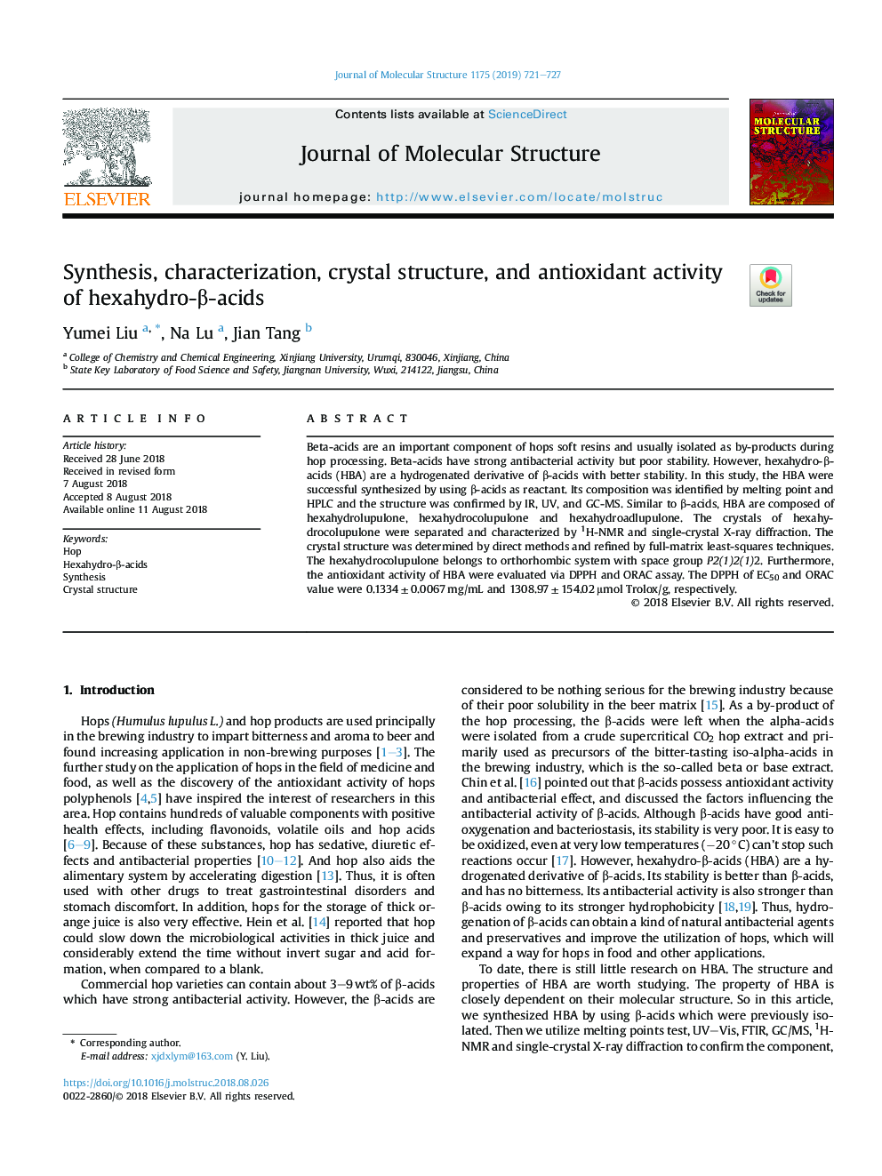 Synthesis, characterization, crystal structure, and antioxidant activity of hexahydro-Î²-acids