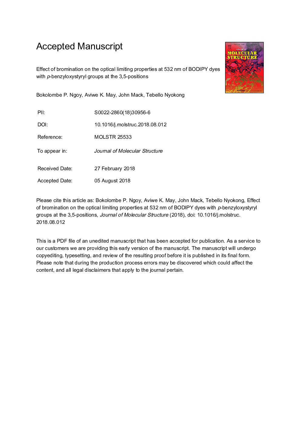 Effect of bromination on the optical limiting properties at 532â¯nm of BODIPY dyes with p-benzyloxystyryl groups at the 3,5-positions