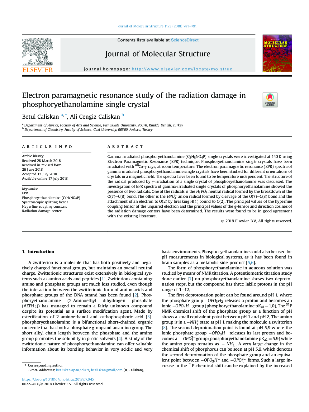 مطالعه ی رزونانس پارامغناطیسی الکترونی از آسیب تابش در کریستال فسفاته اتانولامین 