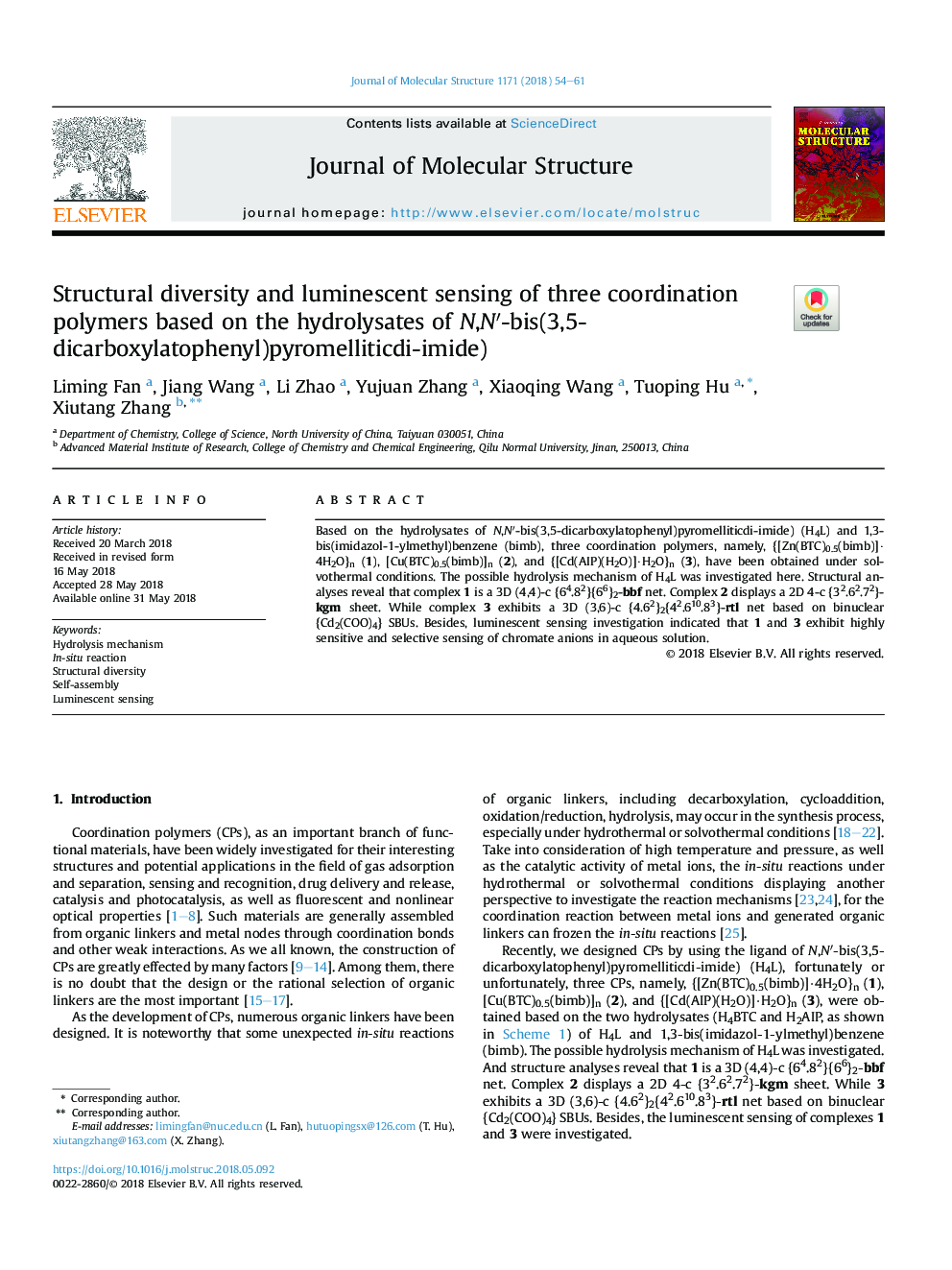 Structural diversity and luminescent sensing of three coordination polymers based on the hydrolysates of N,Nâ²-bis(3,5-dicarboxylatophenyl)pyromelliticdi-imide)