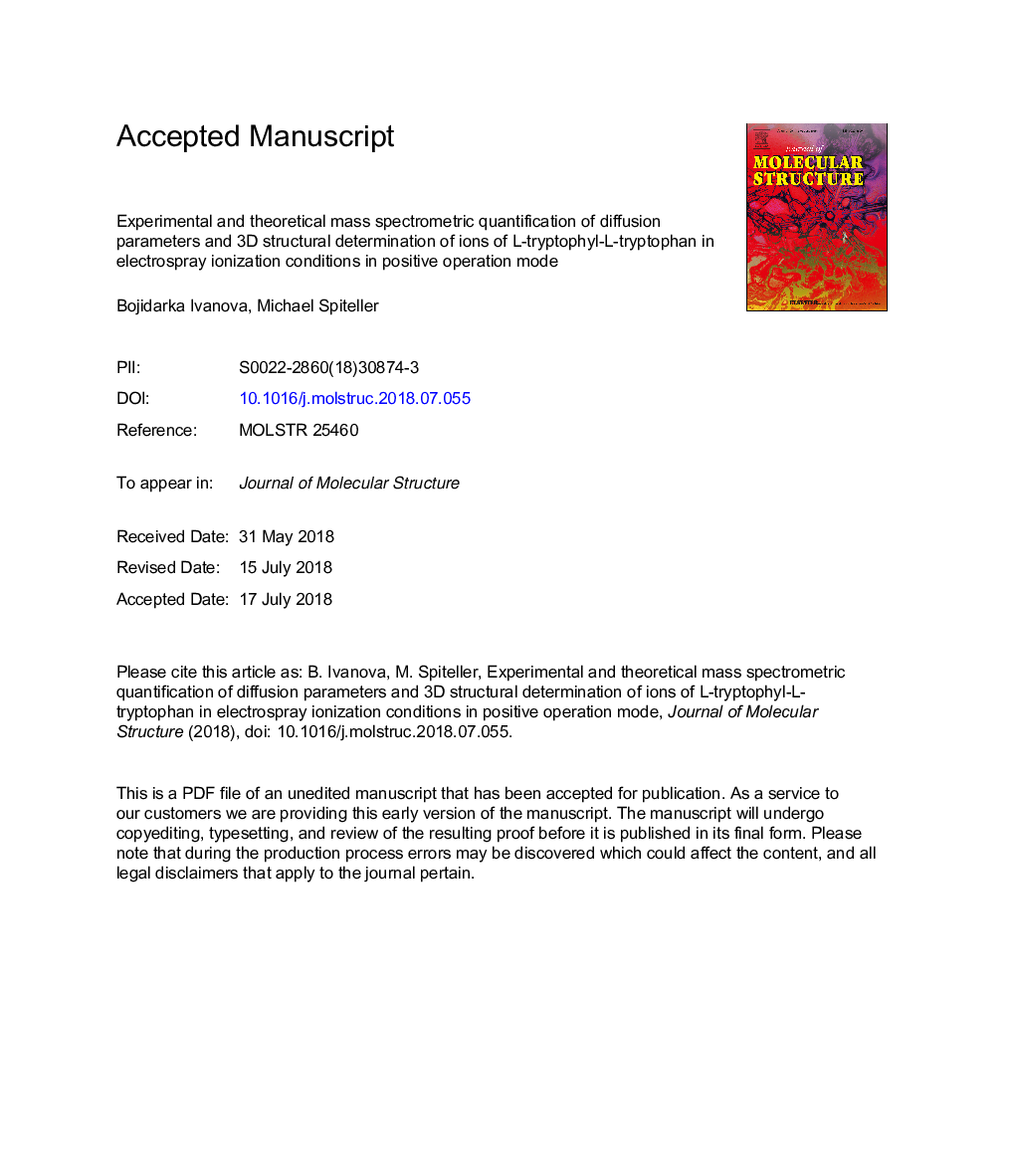 Experimental and theoretical mass spectrometric quantification of diffusion parameters and 3D structural determination of ions of L-tryptophyl-l-tryptophan in electrospray ionization conditions in positive operation mode