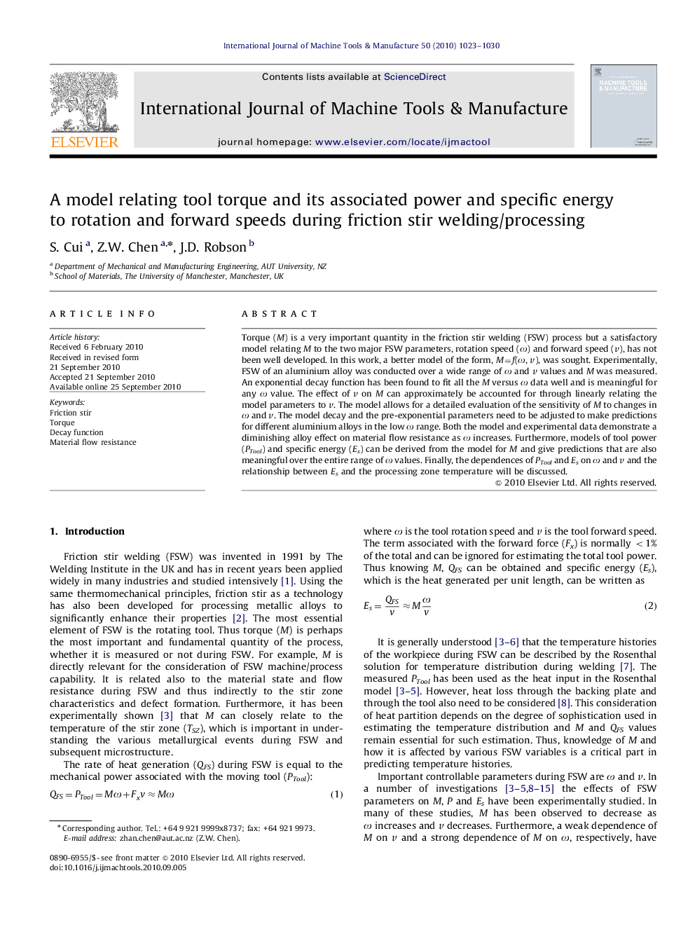 A model relating tool torque and its associated power and specific energy to rotation and forward speeds during friction stir welding/processing