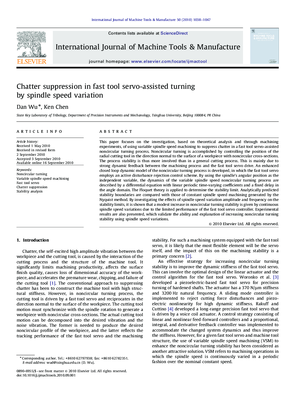 Chatter suppression in fast tool servo-assisted turning by spindle speed variation