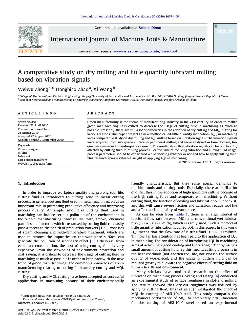 A comparative study on dry milling and little quantity lubricant milling based on vibration signals