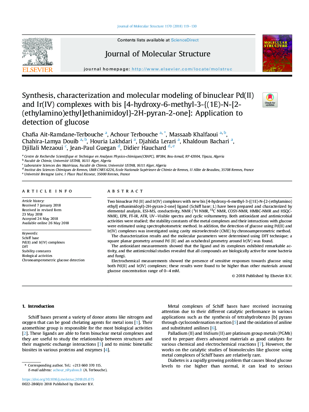 Synthesis, characterization and molecular modeling of binuclear Pd(II) and Ir(IV) complexes with bis [4-hydroxy-6-methyl-3-{(1E)-N-[2-(ethylamino)ethyl]ethanimidoyl}-2H-pyran-2-one]: Application to detection of glucose