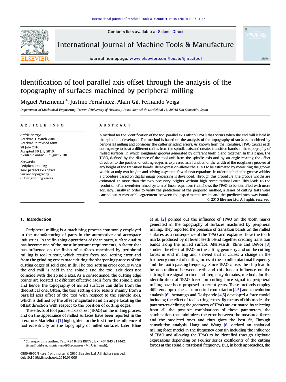 Identification of tool parallel axis offset through the analysis of the topography of surfaces machined by peripheral milling